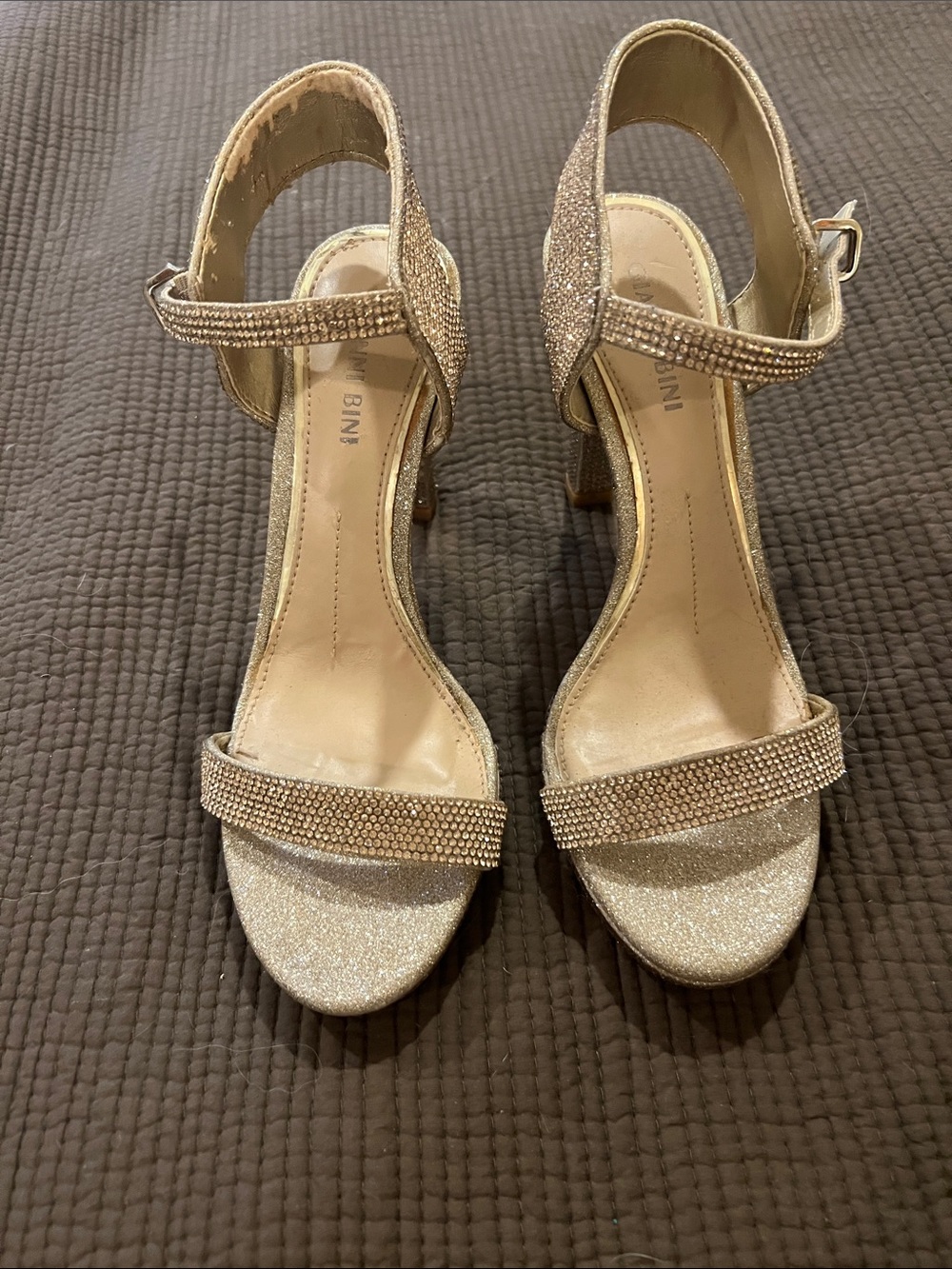 Gianni Bini Gold Glitter Rhinestone Ankle-Strap Heels